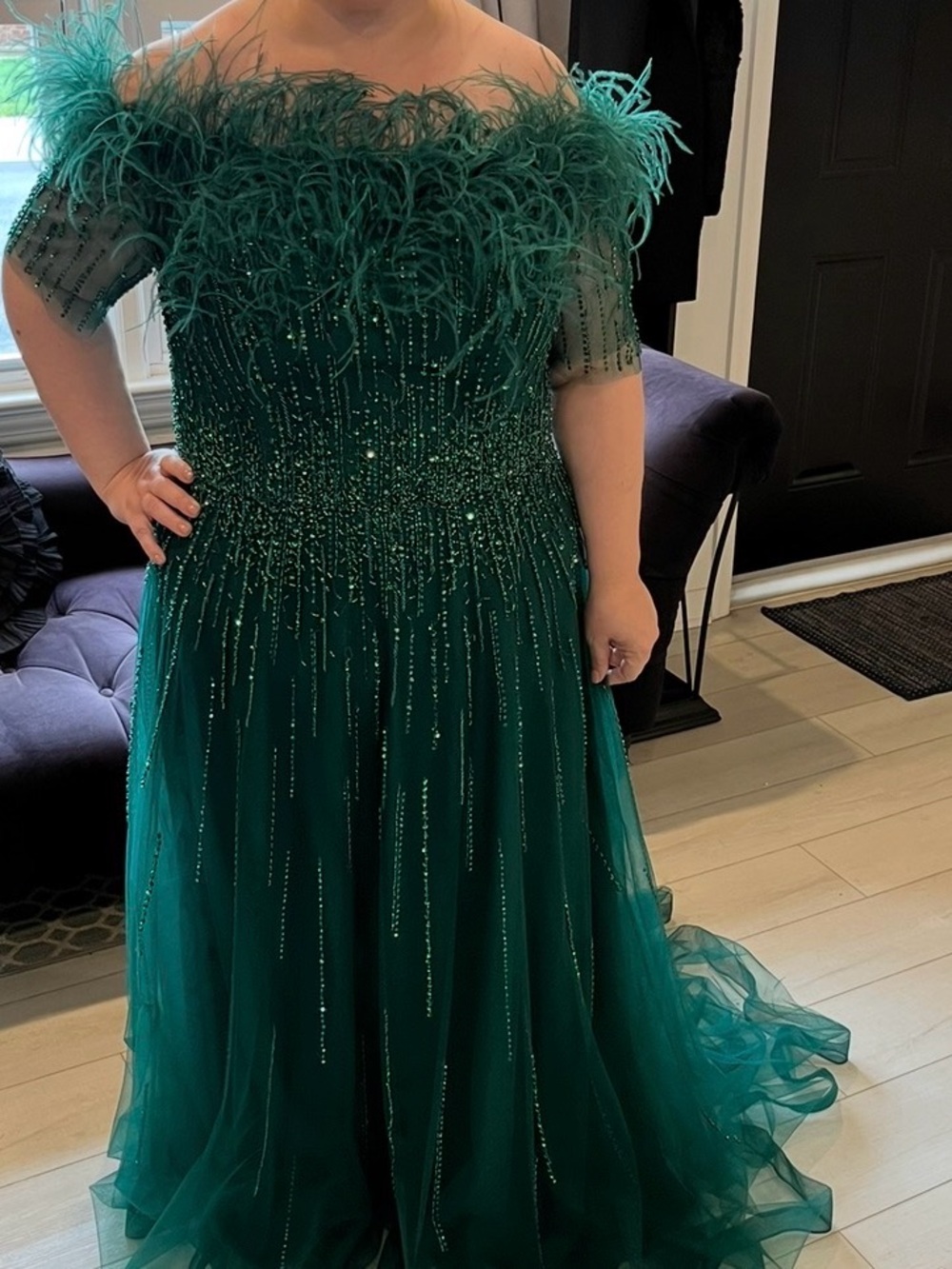 Plus-Size Emerald One-Shoulder Feather & Beaded Evening Dress